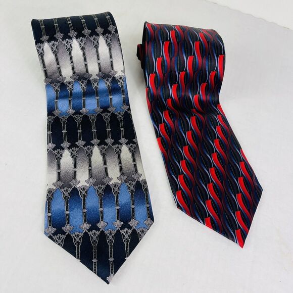 Kilburne and Finch Silk Luxury Tie Set of 2 Geometric Pattern Printed Necktie - Picture 2 of 6